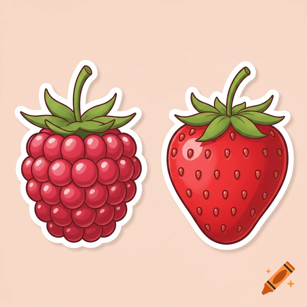 A sticker-style illustration of a red raspberry and a red strawberry on a light background.