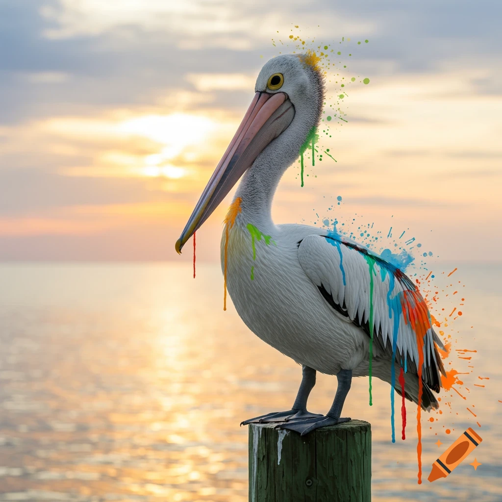A pelican standing on a wooden post, splattered with colorful dripping paint, against a golden sunset over water.