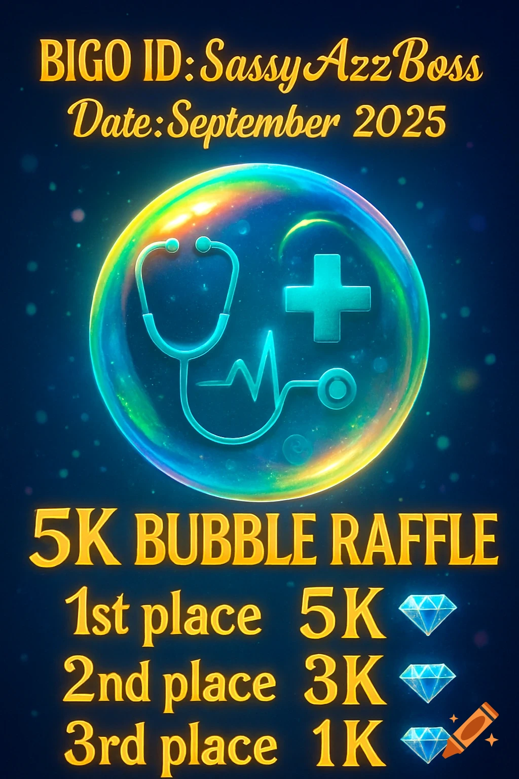 A vibrant poster advertising a 5K Bubble Raffle with healthcare icons in a colorful bubble and prize details.