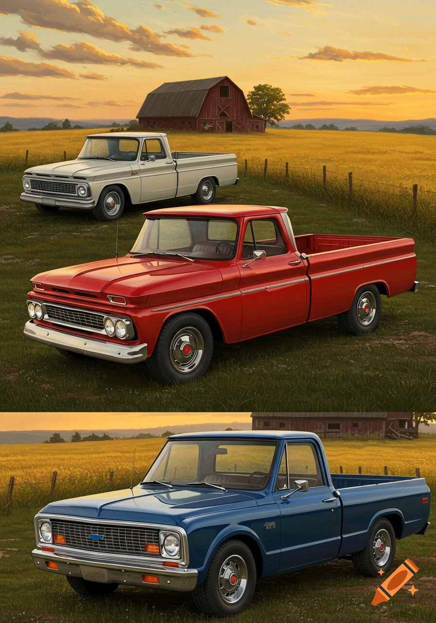 A stylized painting of three vintage Chevrolet C10 pickup trucks parked in a grassy field with a red barn in the background at sunset.