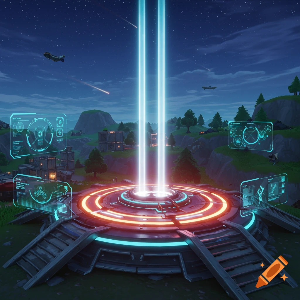 A futuristic glowing launch pad with blue energy beams shooting upwards, surrounded by holographic screens in a night landscape.