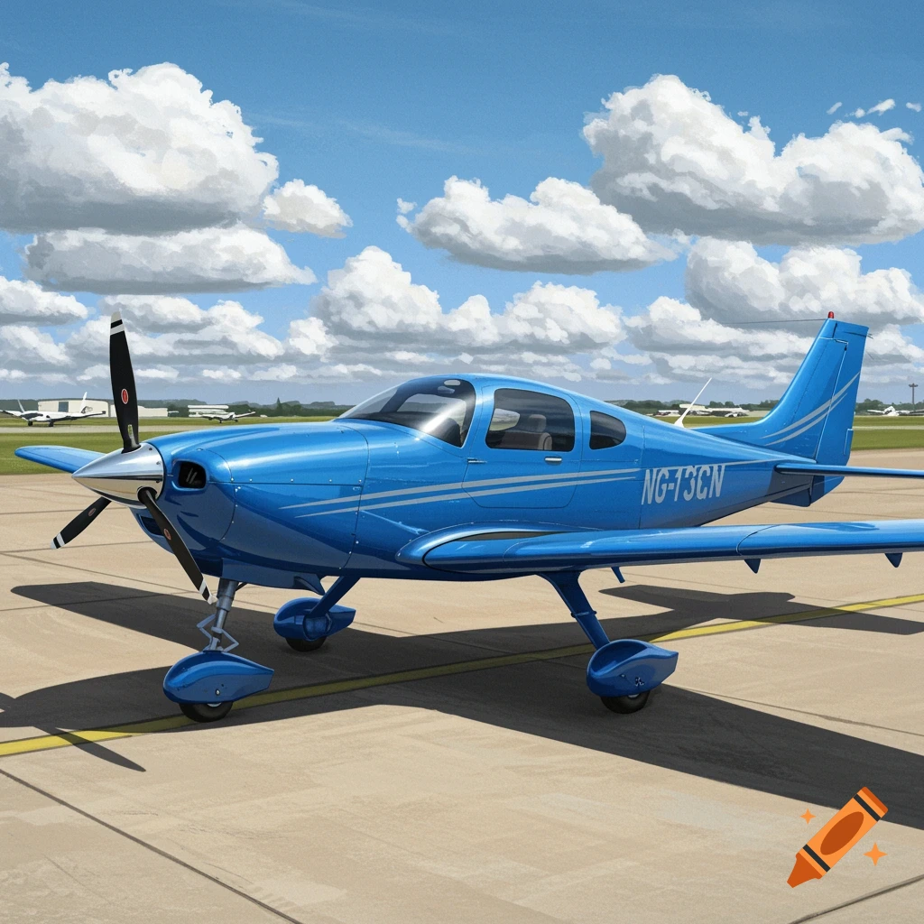 A bright blue single-engine propeller airplane parked on an airfield under a blue sky with white clouds.