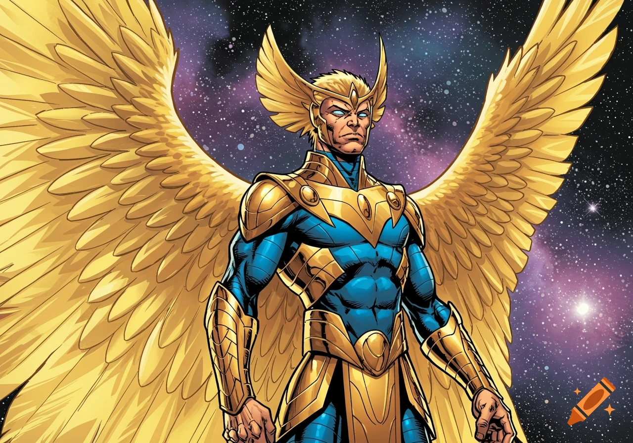 A male character with large golden wings and golden armor over a blue suit, standing against a cosmic background in comic book style.