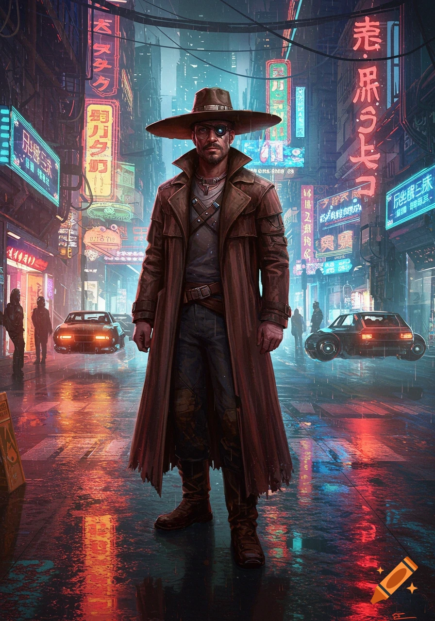 A man in a brown duster and wide-brimmed hat with an eyepatch stands in a futuristic cyberpunk city street at night, illuminated by neon signs and reflections on the wet ground. Hover cars are in the background.