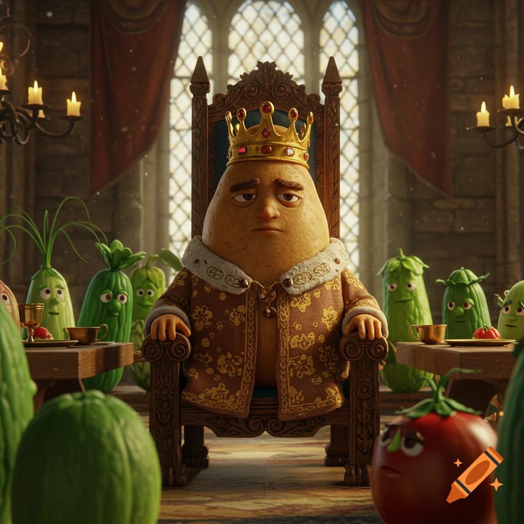 A potato king in royal robes and crown sits on a throne, looking stern, surrounded by other anthropomorphic vegetables in a grand hall.