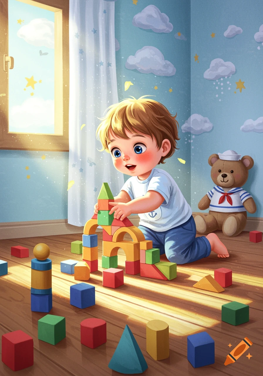 An illustration of a happy toddler playing with colorful wooden building blocks on a sunlit floor, with a teddy bear in the background.