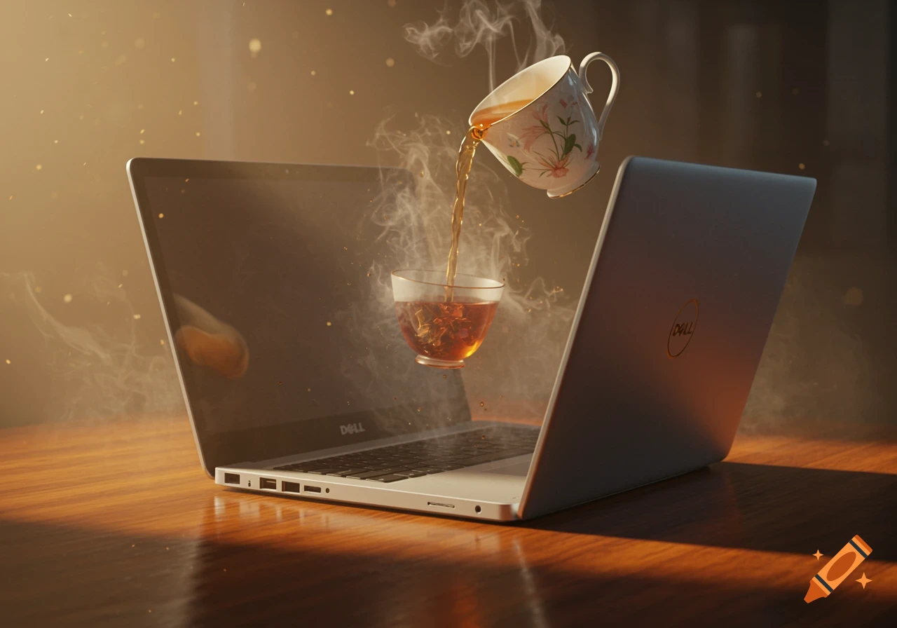 A photorealistic image of a Dell laptop on a wooden table. A floating teacup pours hot tea into another floating glass cup, surrounded by steam and golden particles.