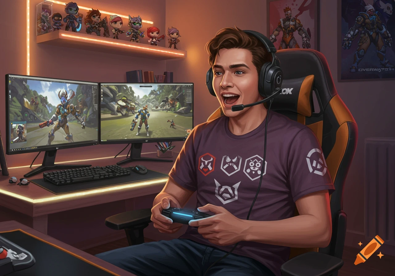 A young man with a headset playing a video game on two monitors, in a gaming room with character figures and posters.