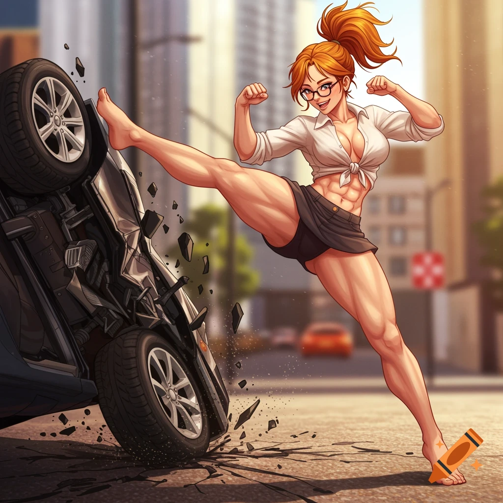 A muscular, red-haired woman in glasses and an open shirt kicks a car, crumpling its metal in a vibrant anime style.
