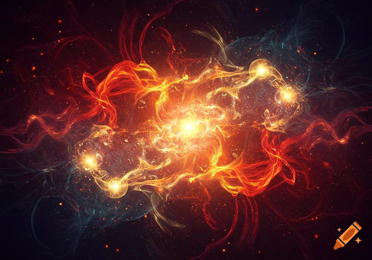 Abstract vibrant energy burst with swirling red, orange, and blue light patterns against a dark background.