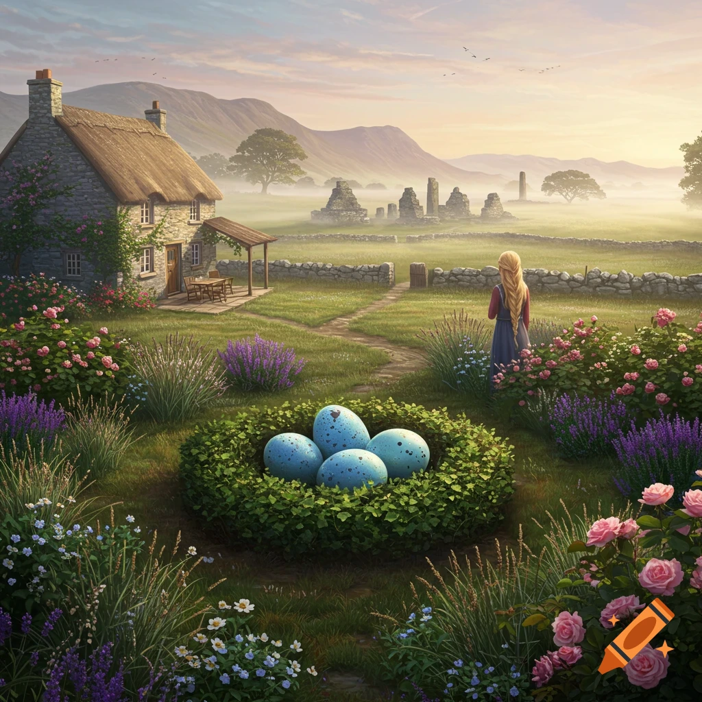 A girl in a lush, whimsical garden with giant blue eggs, a stone cottage, and misty mountains at sunrise.