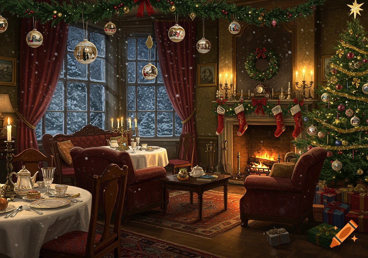 A cozy, detailed Christmas living room with a decorated tree, glowing fireplace, festive garland, and snow falling outside large windows.