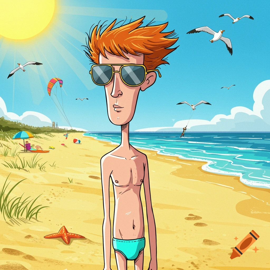 A cartoon of a skinny red-headed guy wearing sunglasses and a Speedo standing on a sunny beach with the ocean, seagulls, and kite surfers in the background.