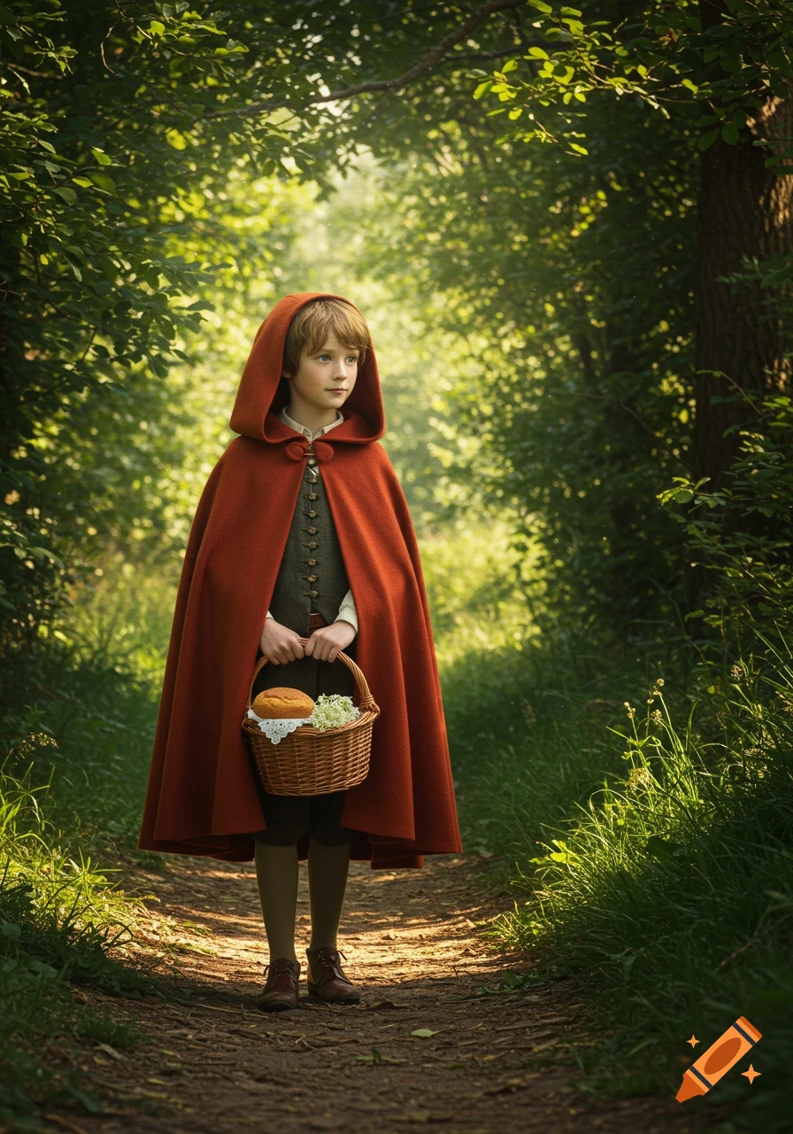 A young boy in a red hooded cloak and old-fashioned clothes stands on a dirt path in a sun-dappled forest, holding a wicker basket.
