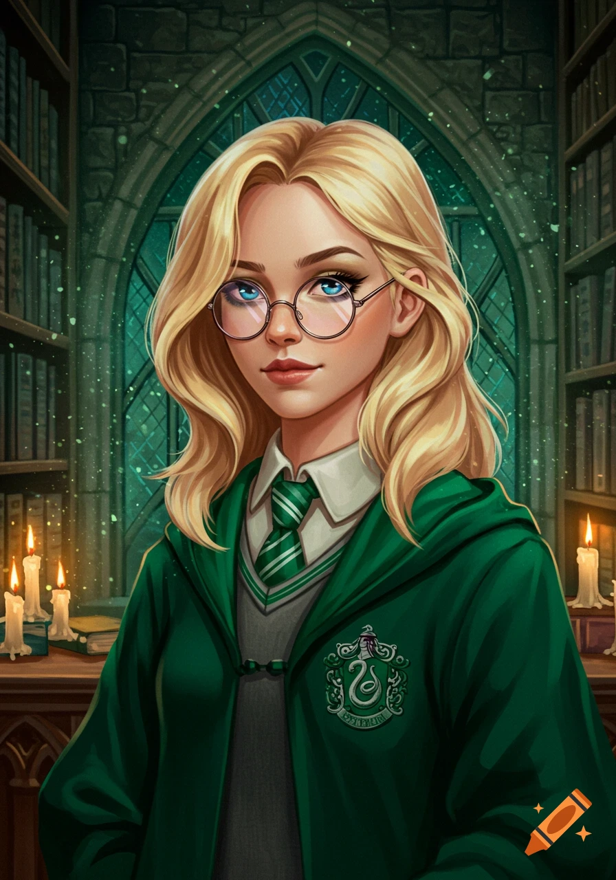 An anime-style portrait of a young blonde woman with blue eyes and round glasses, wearing green Slytherin robes in a wizarding library.