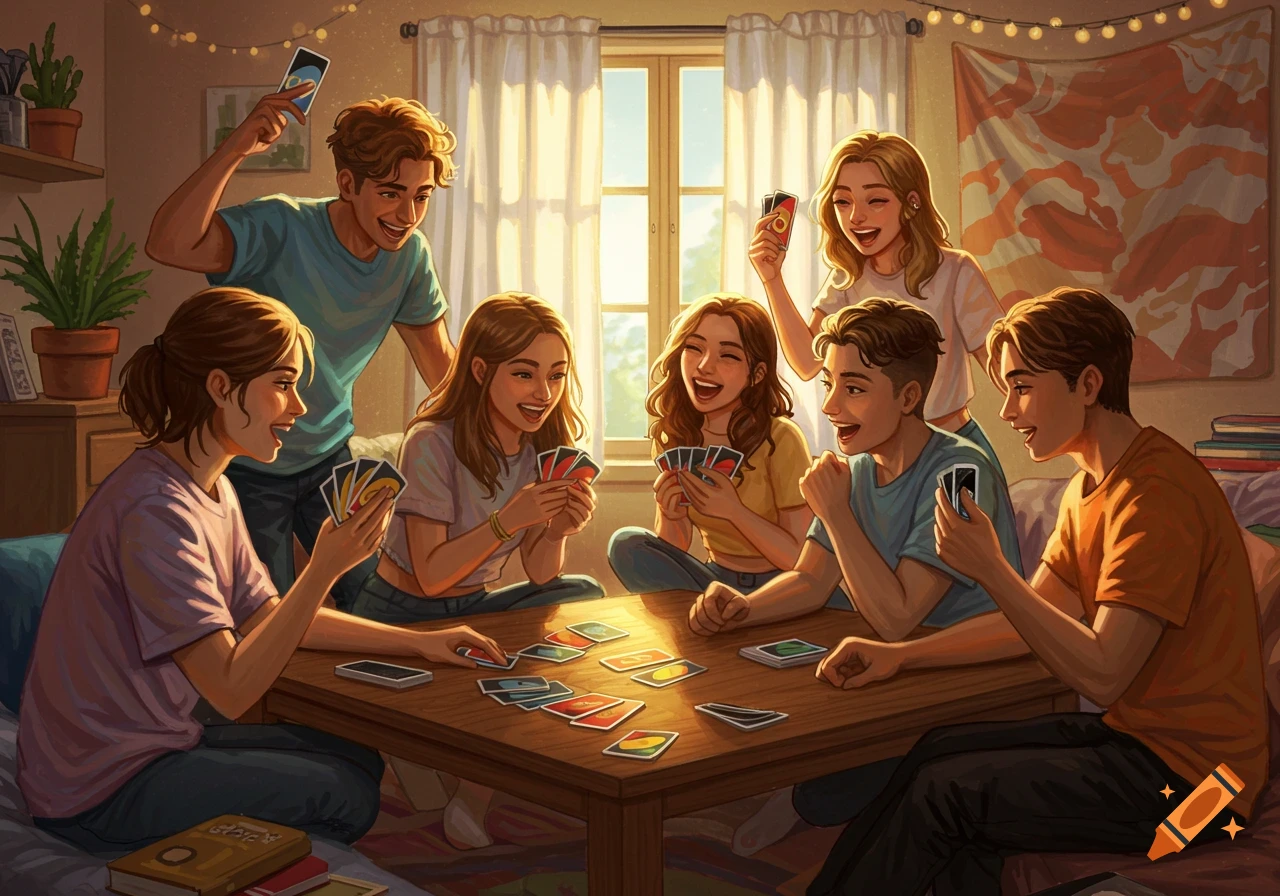 Stylized digital art of a group of happy college students playing Uno around a table in a sunlit living room.