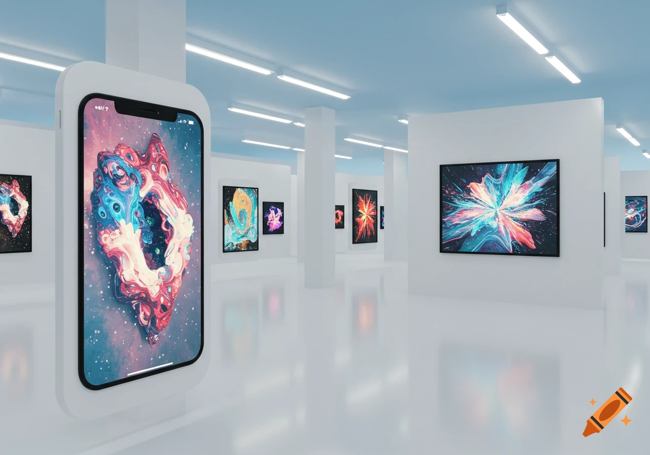 An art gallery with abstract colorful artworks on white walls and a large iPhone in the foreground displaying similar art.