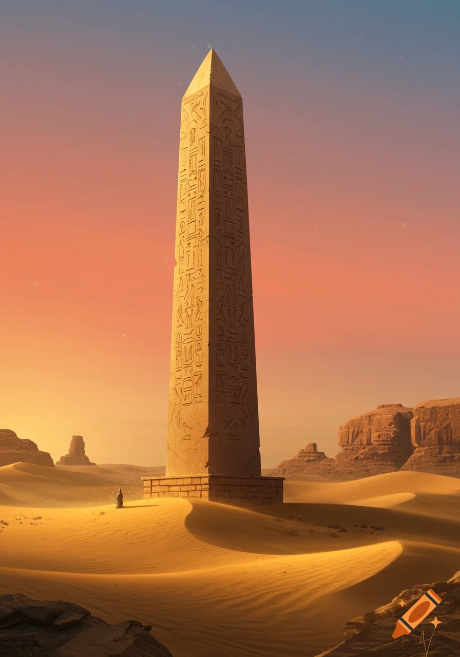 An obelisk with hieroglyphs stands tall in a vast desert landscape at sunset, with a person walking near its base.