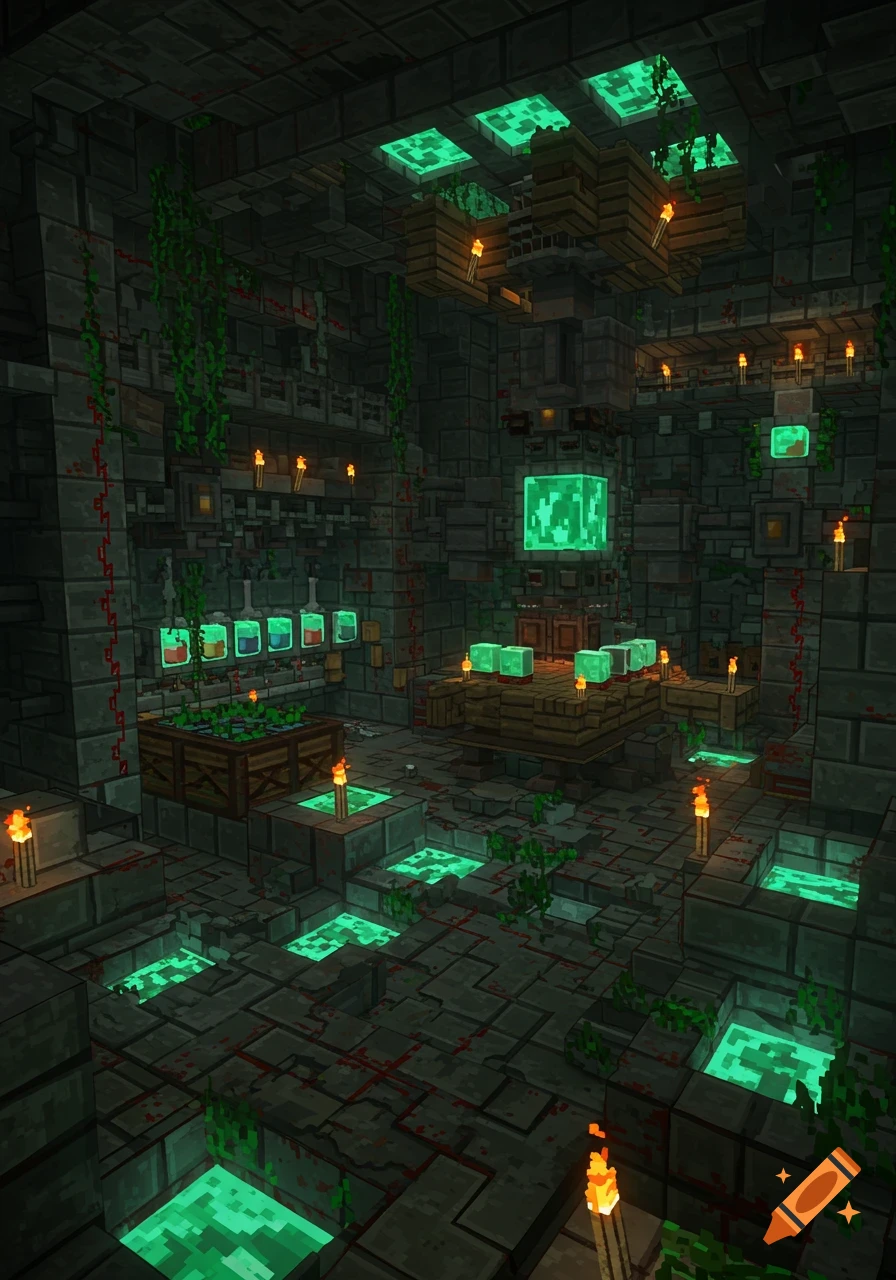 A dark, industrial Minecraft-style science lab with glowing green ...