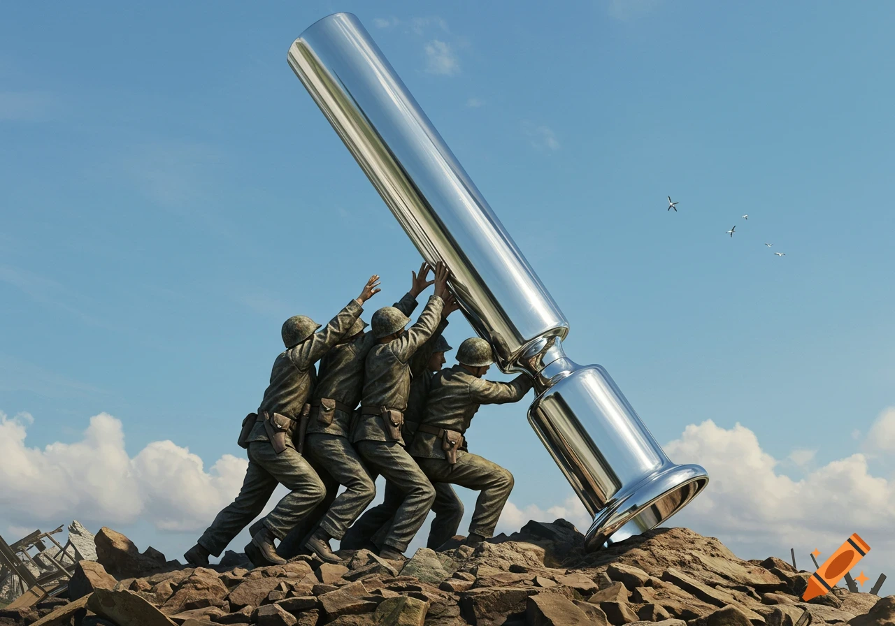 A bronze-like statue depicts four soldiers in military fatigues struggling to raise a giant, gleaming silver floor lamp atop a rocky hill under a clear blue sky, reminiscent of the Iwo Jima monument.