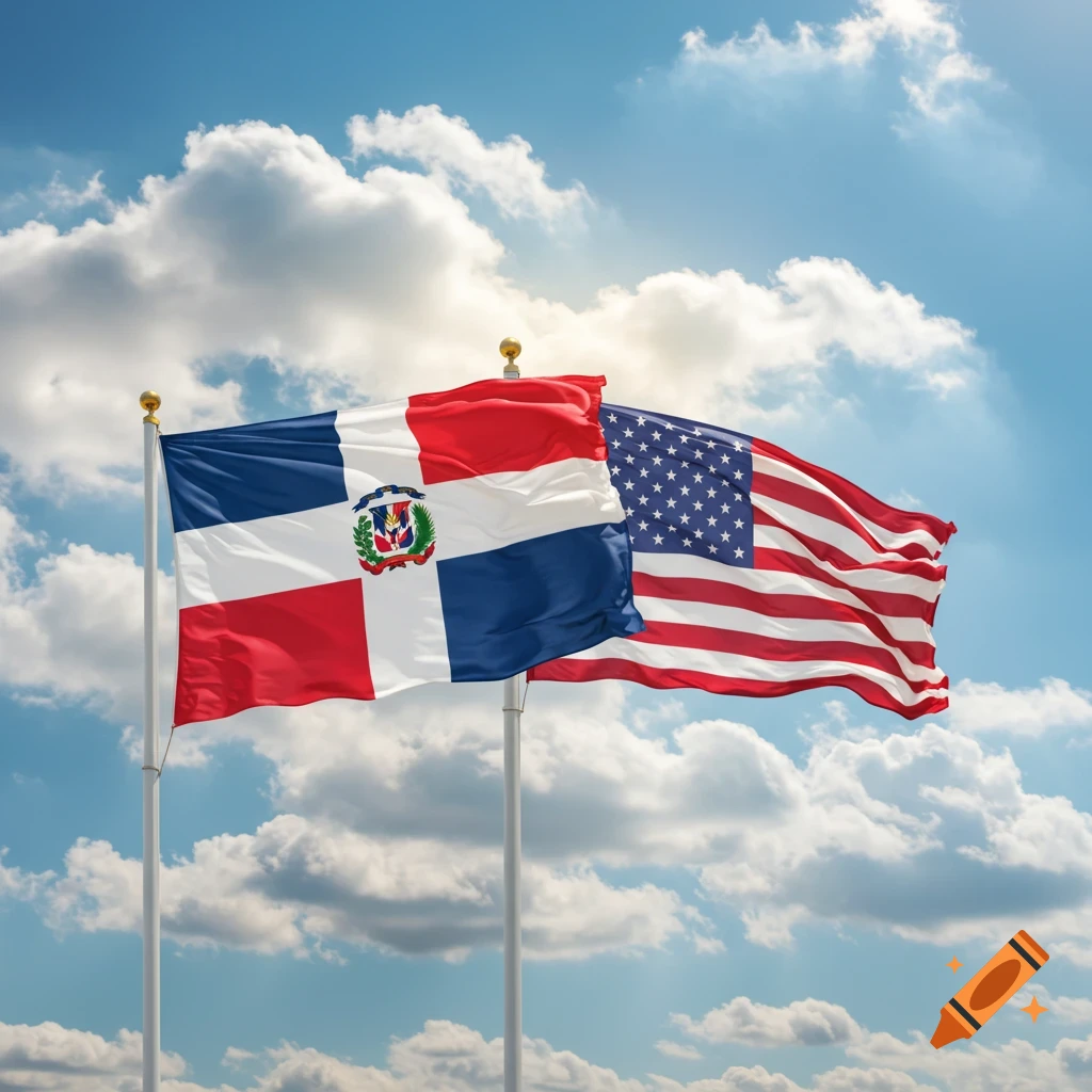 The Dominican Republic flag and the American flag waving together against a bright blue sky with fluffy white clouds.