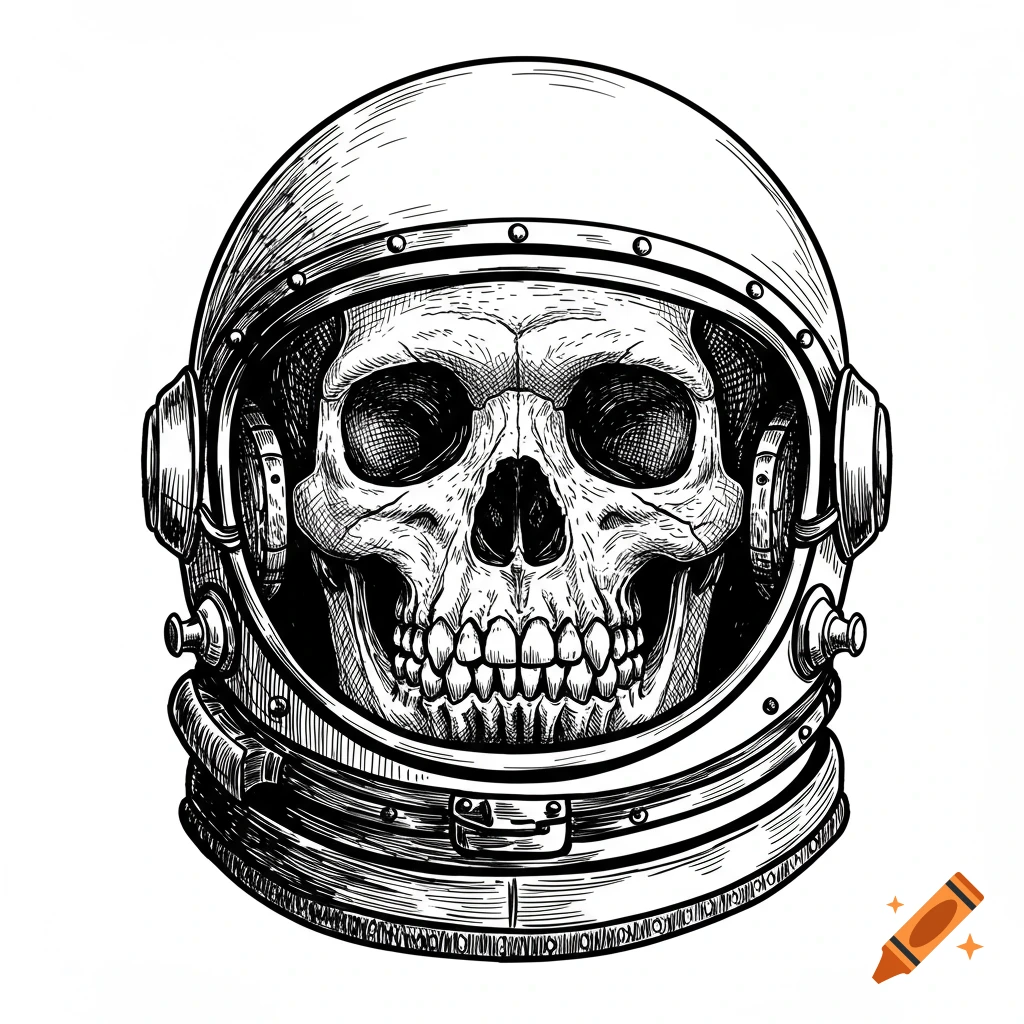 Black and white line art illustration of a skull wearing a vintage astronaut helmet.