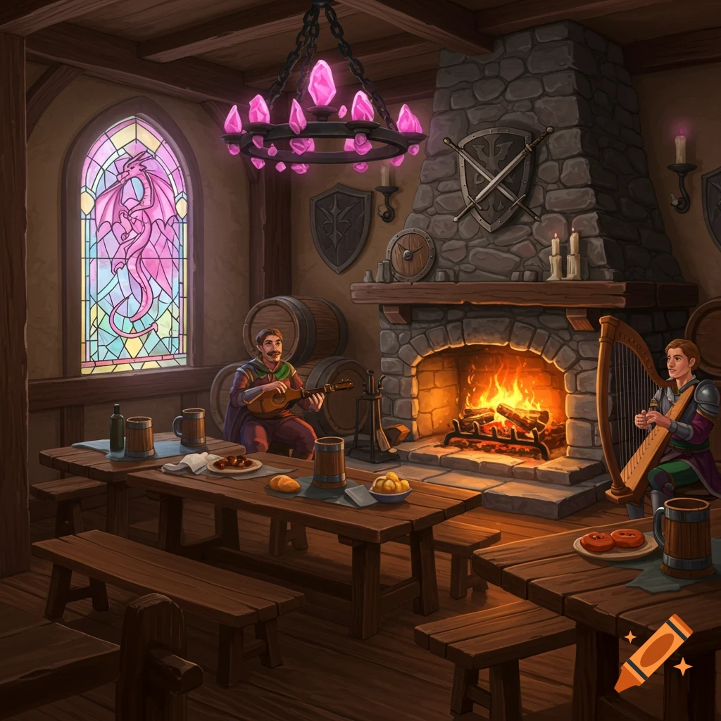 A vibrant fantasy tavern interior with a roaring fireplace, tables, and benches. Two musicians play instruments, illuminated by a pink crystal chandelier and a stained glass dragon window.