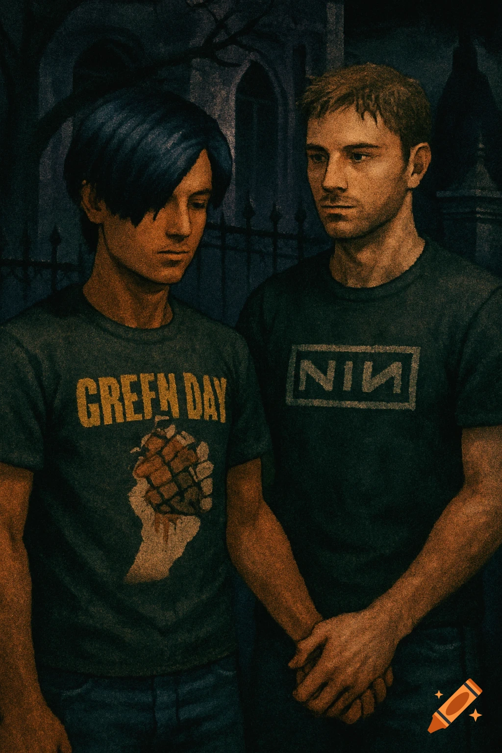 Two young men in a dark, gothic setting. One wears a 'GREF N DAY' shirt with a grenade, the other a 'NIN' shirt.