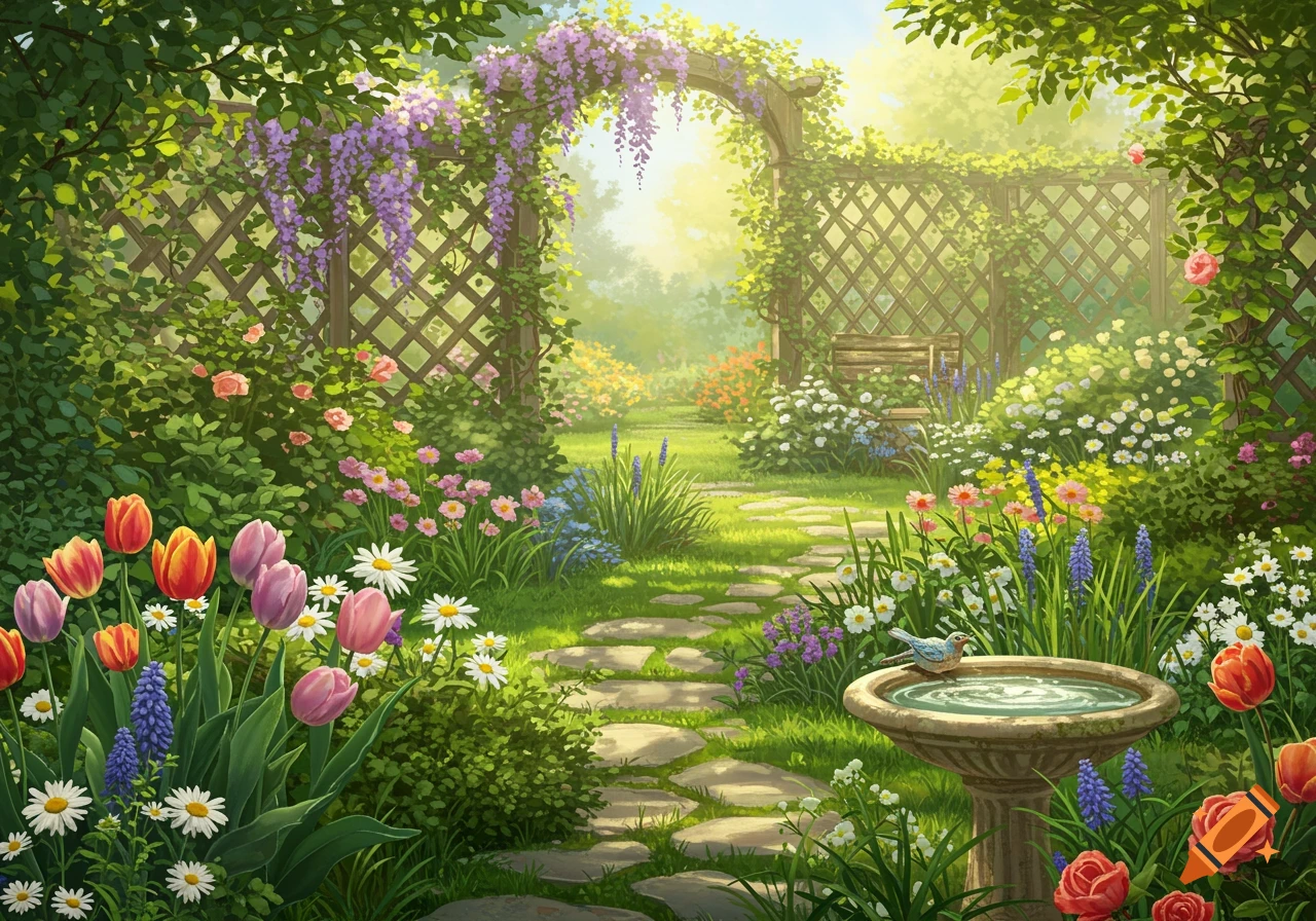 A vibrant, lush garden scene with a stone path, colorful flowers, a wisteria-covered arch, and a bird bath.