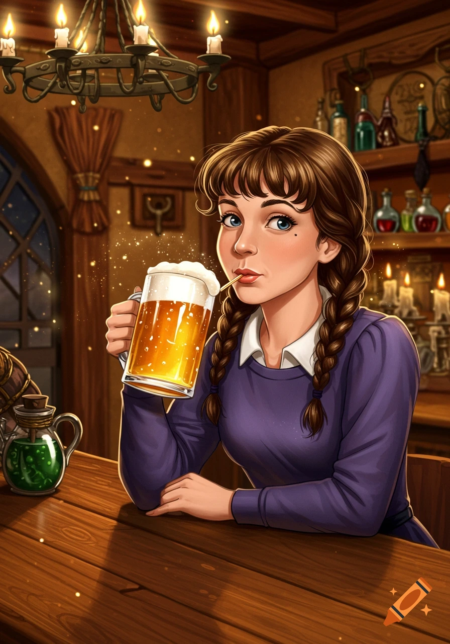 An illustration of a woman with braided hair drinking a frothy mug of beer in a cozy tavern with magical glowing particles.
