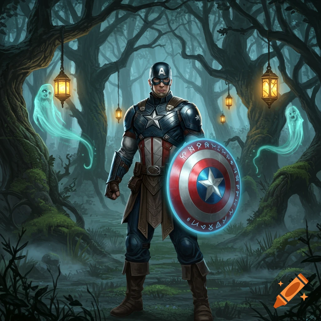 Captain America in armored medieval-style uniform stands with his shield in a misty, mossy fantasy forest with hanging lanterns and glowing ghosts.