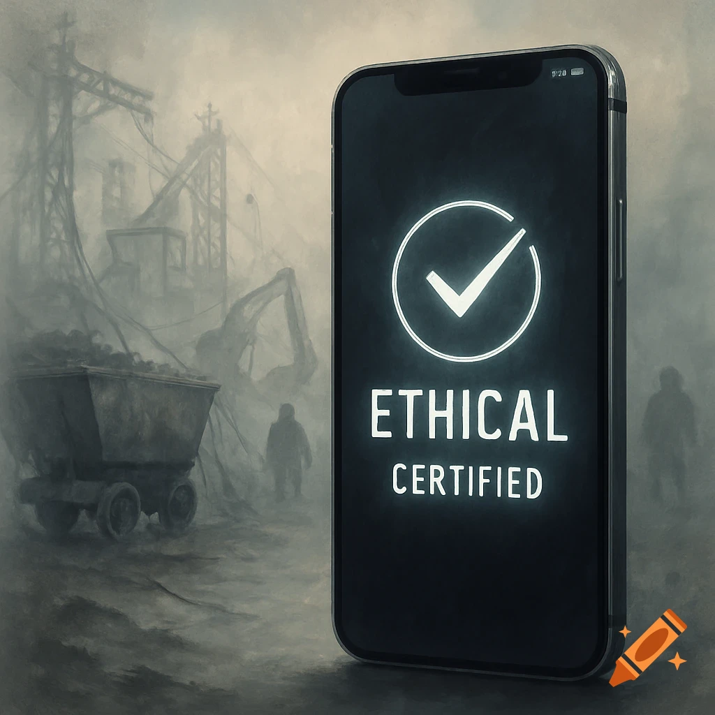 A modern smartphone displaying 'ETHICAL CERTIFIED' and a checkmark, set against a blurry, ghostly industrial mining landscape with equipment and distant figures.