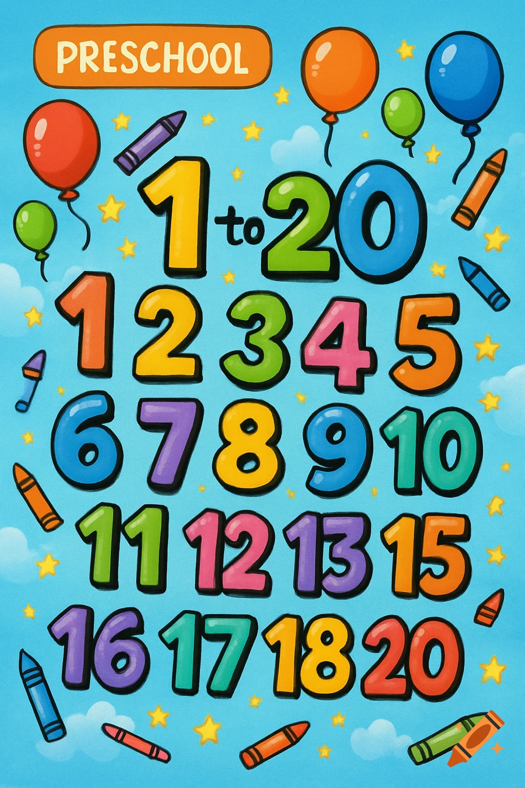 A colorful cartoon illustration of numbers 1 to 20 with balloons, crayons, stars, and the word 'PRESCHOOL' on a blue sky background.
