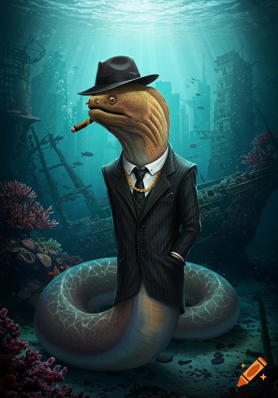 A gangster eel in a pinstripe suit and fedora smokes a cigar in an underwater ruined city.