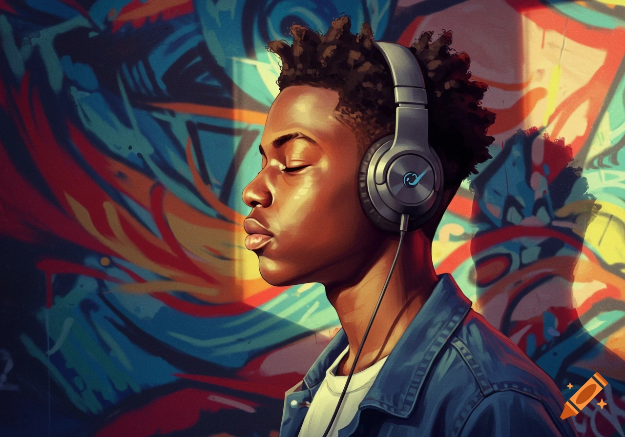 A digital painting of a Black teen with eyes closed, wearing headphones, against a vibrant, colorful abstract urban mural.