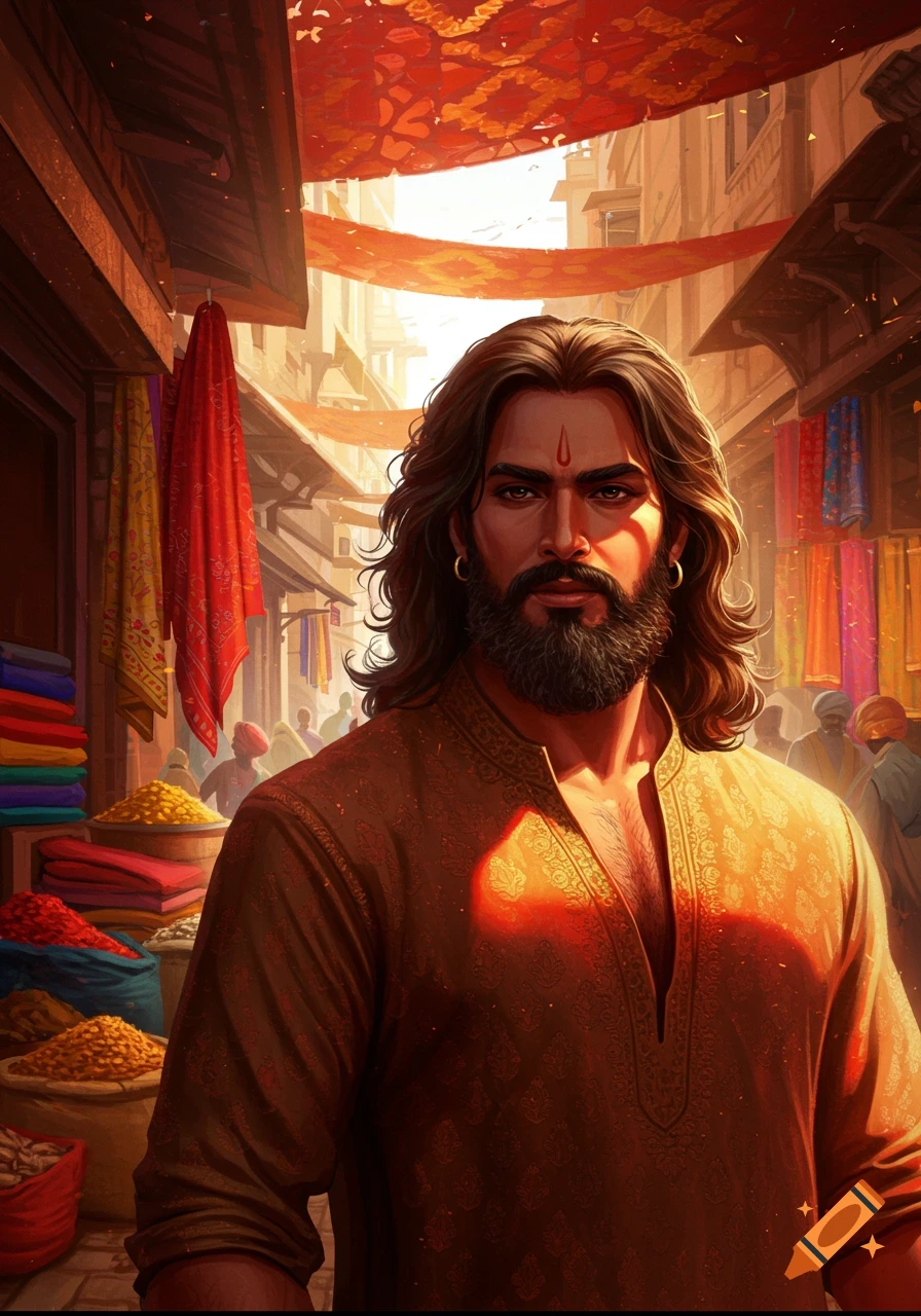 A dark-haired man with a beard and mustache stands in a bustling, vibrant market street, looking forward. Digital art.