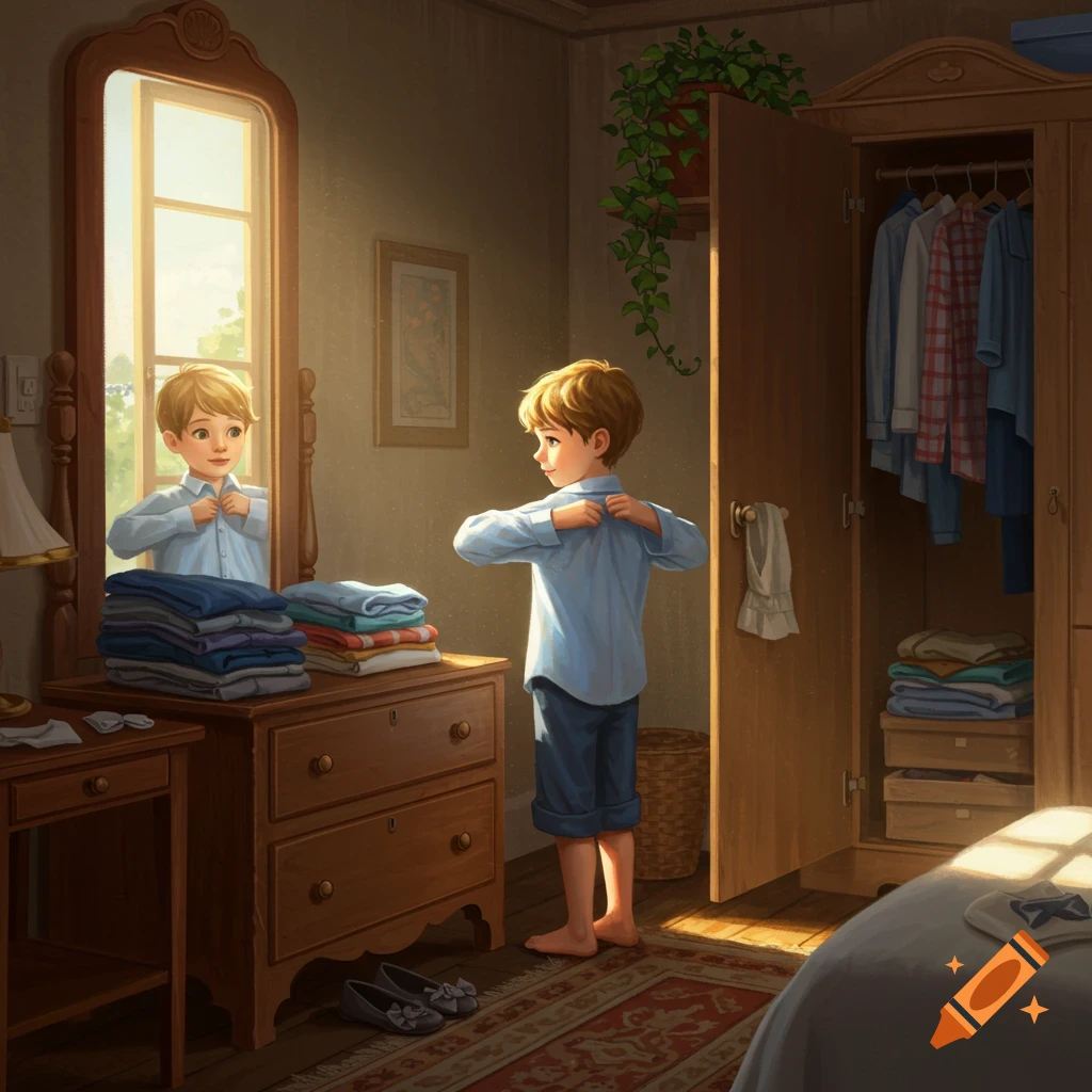 Illustrated scene of a young boy buttoning his shirt while looking in a mirror in a sunlit bedroom.