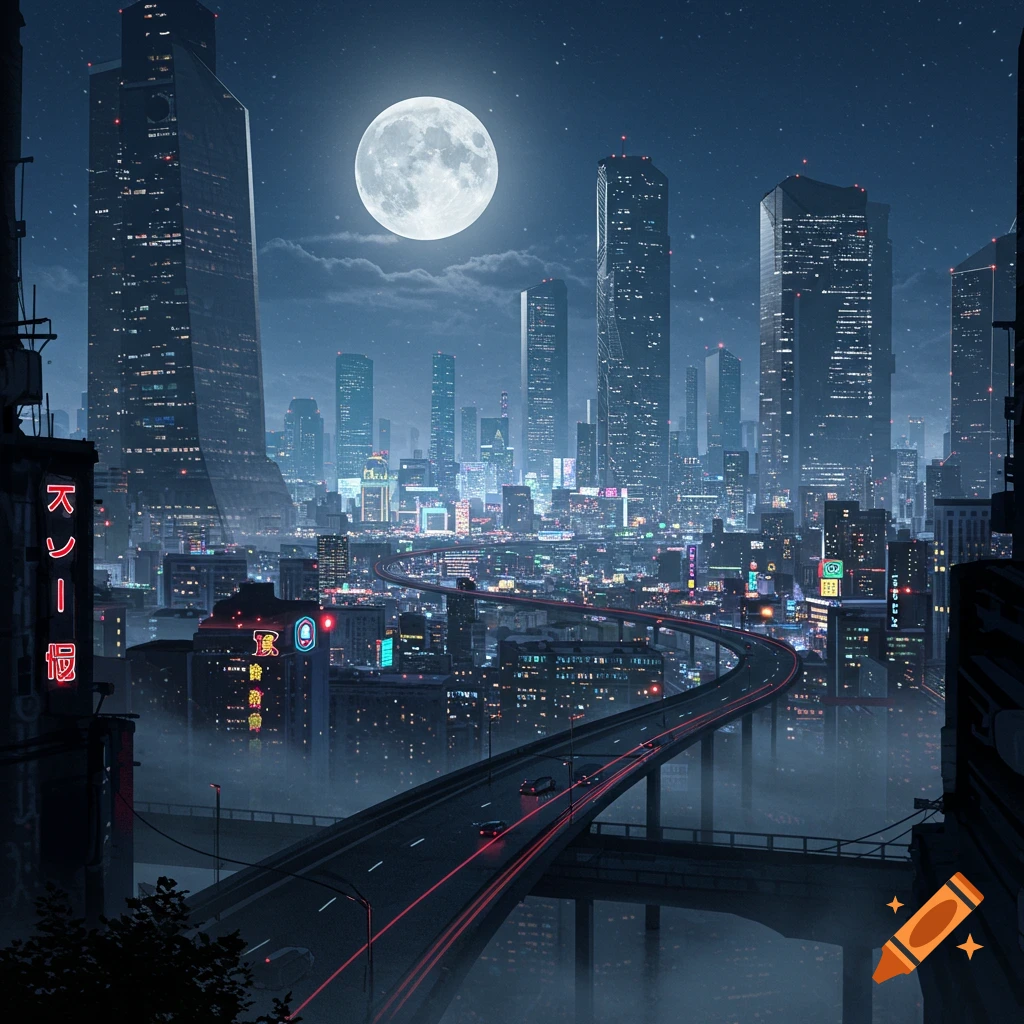 A vibrant futuristic cityscape at night with towering skyscrapers, glowing neon, a full moon, and elevated highways with light trails.