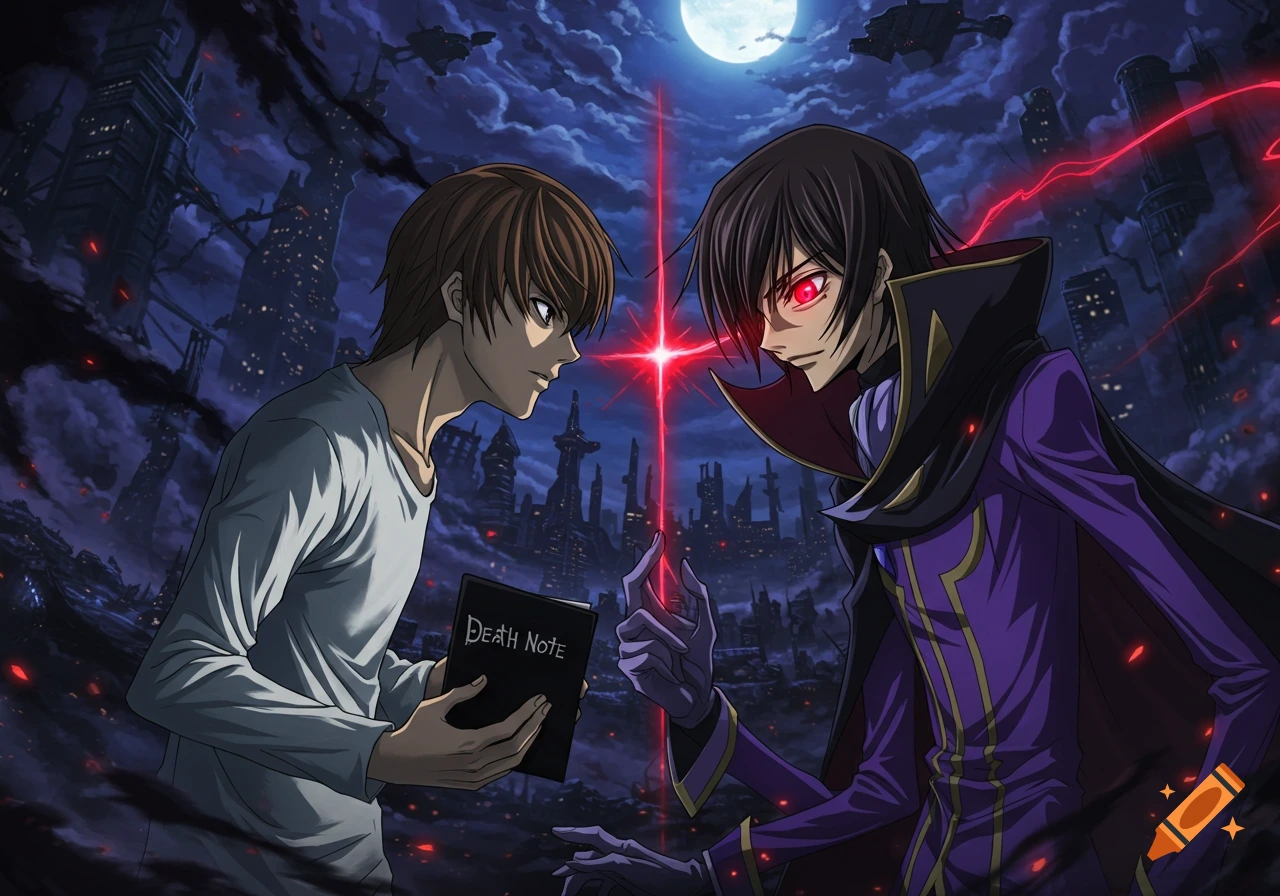 Two anime characters, Light Yagami and Lelouch Lamperouge, face each other in a dark, dramatic cityscape under a full moon, with a Death Note book visible, in a vibrant anime style.
