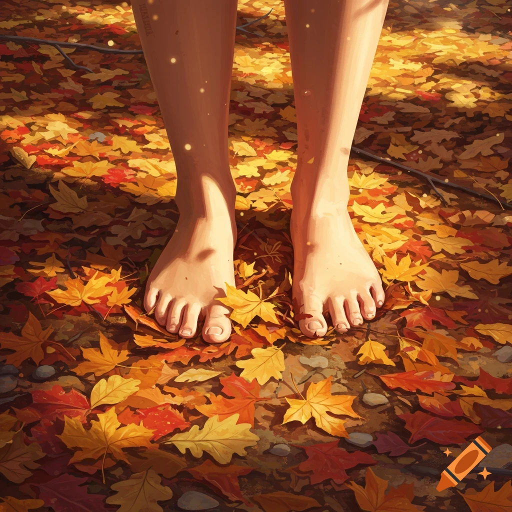 Bare feet standing on a carpet of red and yellow autumn leaves under dappled sunlight, digital art.