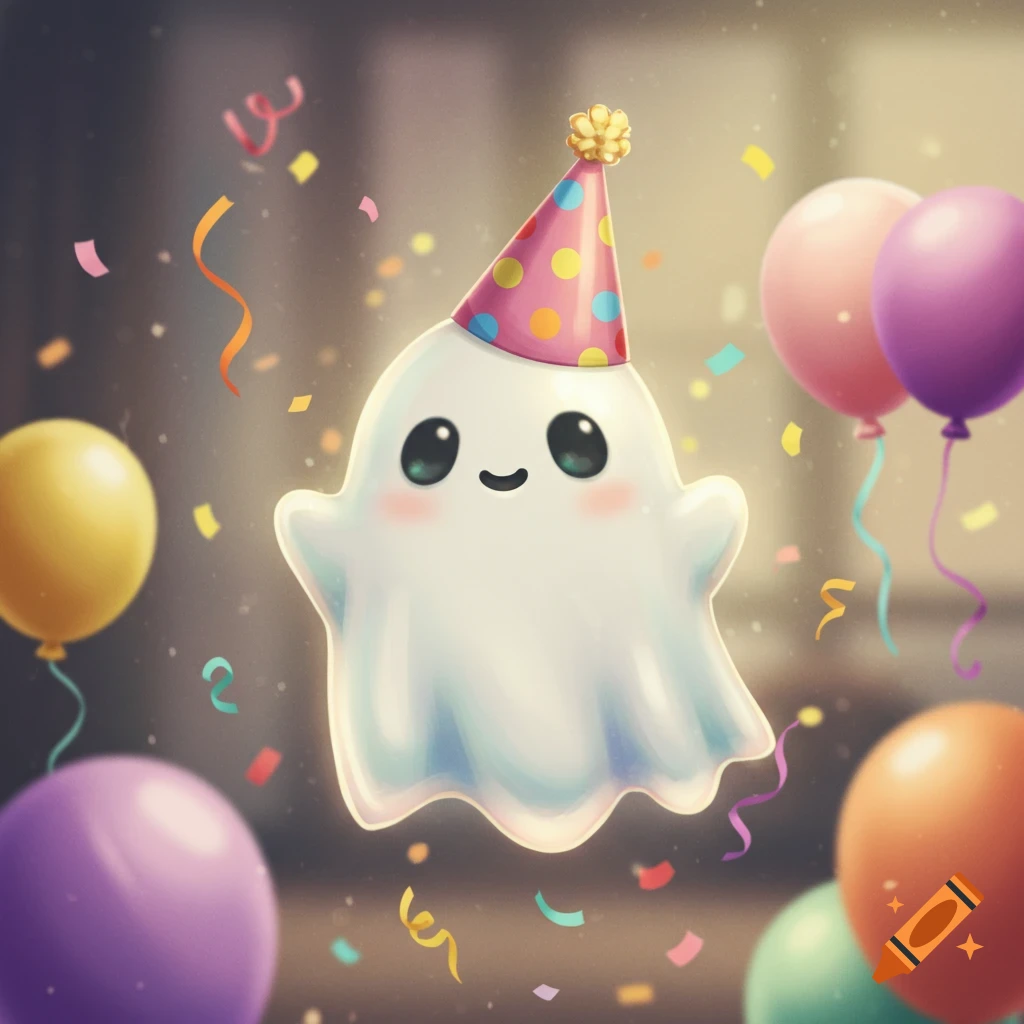 A cute, cartoonish white ghost wearing a pink party hat smiles amidst colorful balloons and confetti.