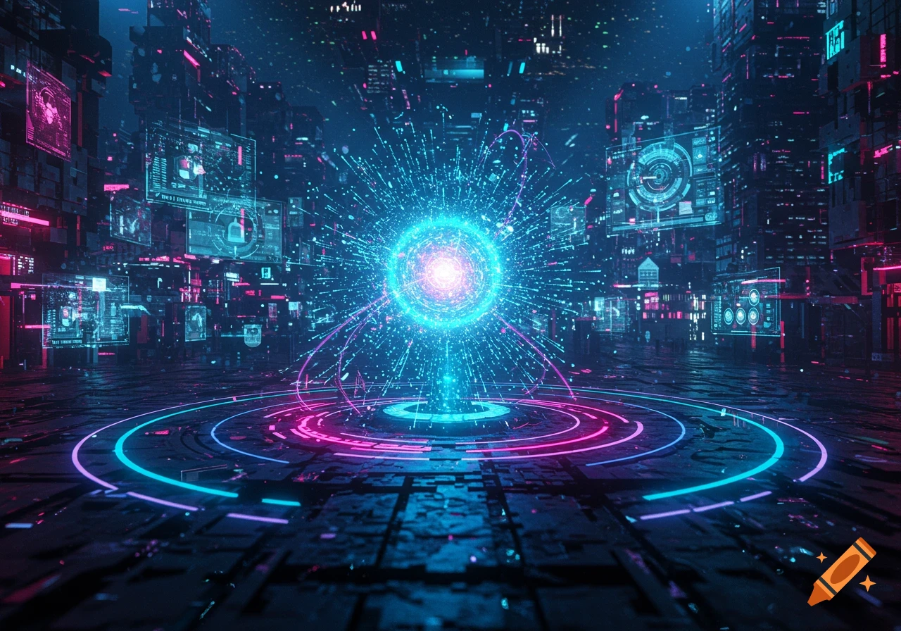 A glowing blue and pink energy orb in a futuristic cityscape with holographic data interfaces and streams.