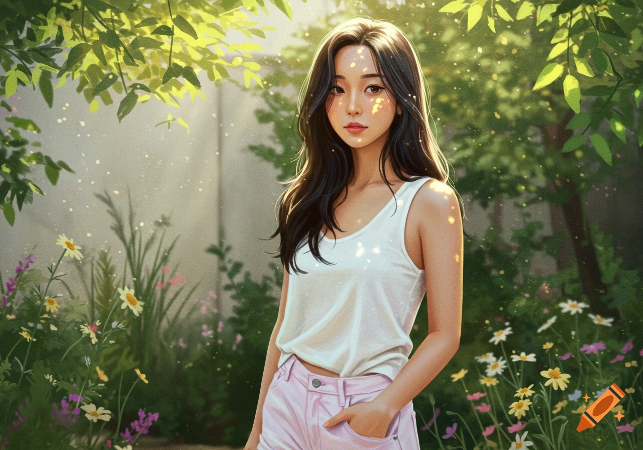 An illustration of a young woman with long dark hair wearing a white tank top and pink shorts, standing in a sunny garden with flowers.