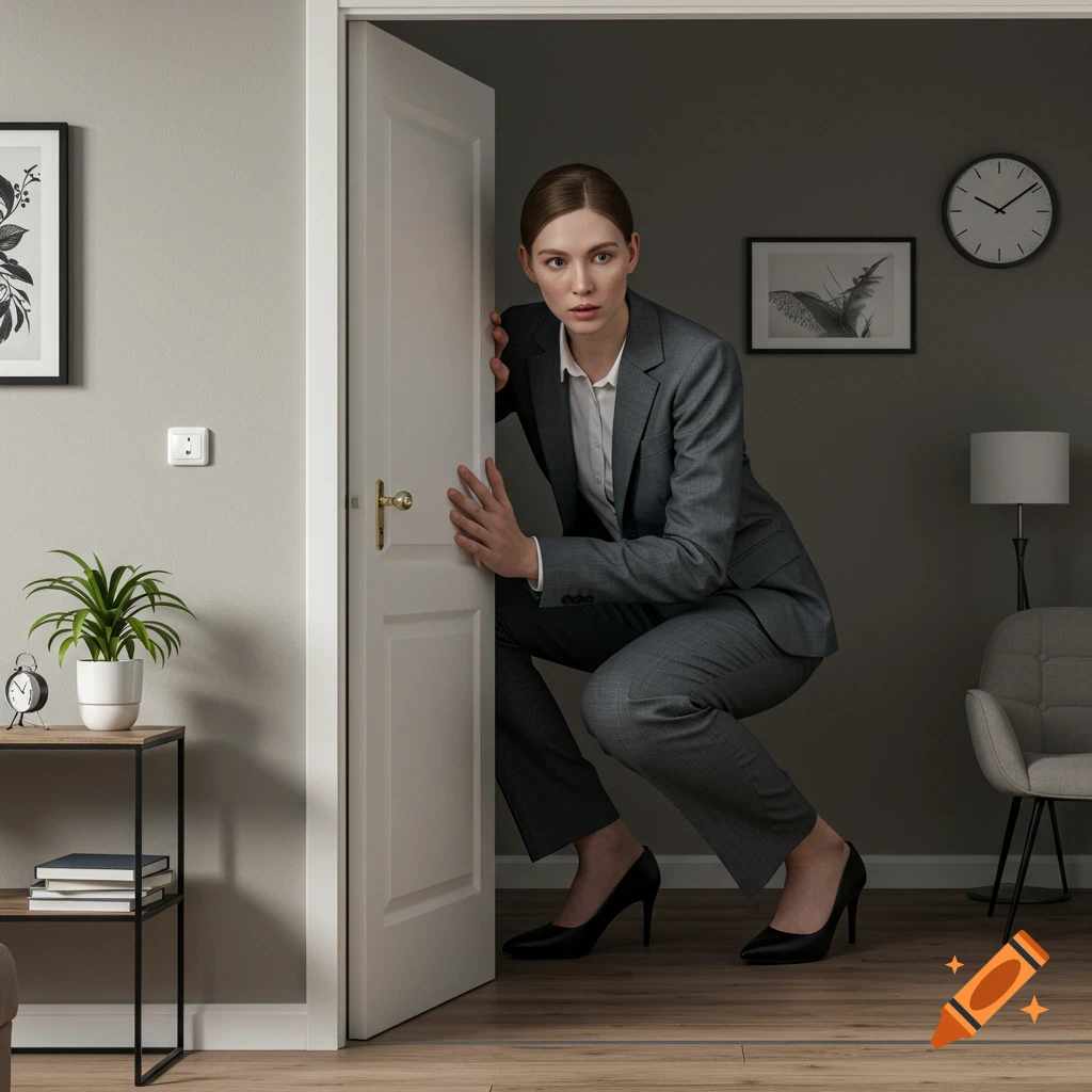 Photorealistic image of a woman in a gray business suit crouching and peeking around a white door into a dark room.