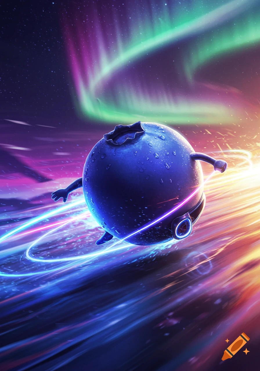 An anthropomorphic blueberry rushes through a colorful cosmic landscape, leaving glowing light trails amidst vibrant aurora borealis.