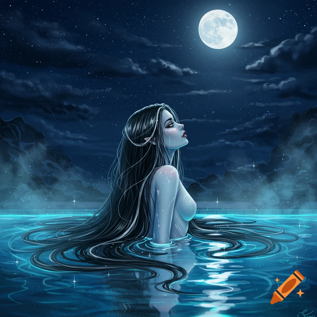 Fantasy art of a woman with long dark hair and elf ears in moonlit water, looking up at the full moon in a starry night sky.