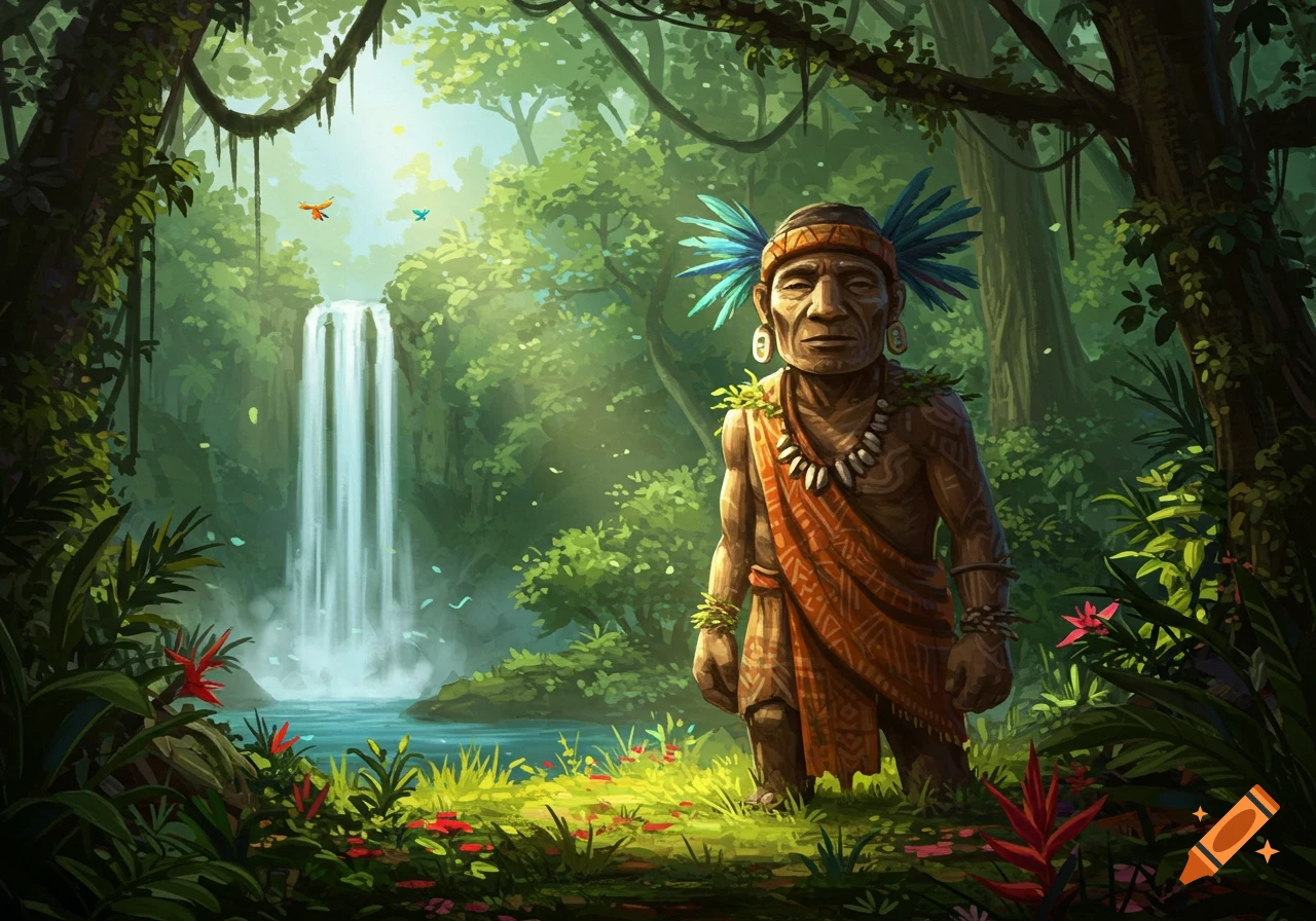 A stylized figure with feathers and tribal markings stands in a vibrant jungle with a waterfall behind them.