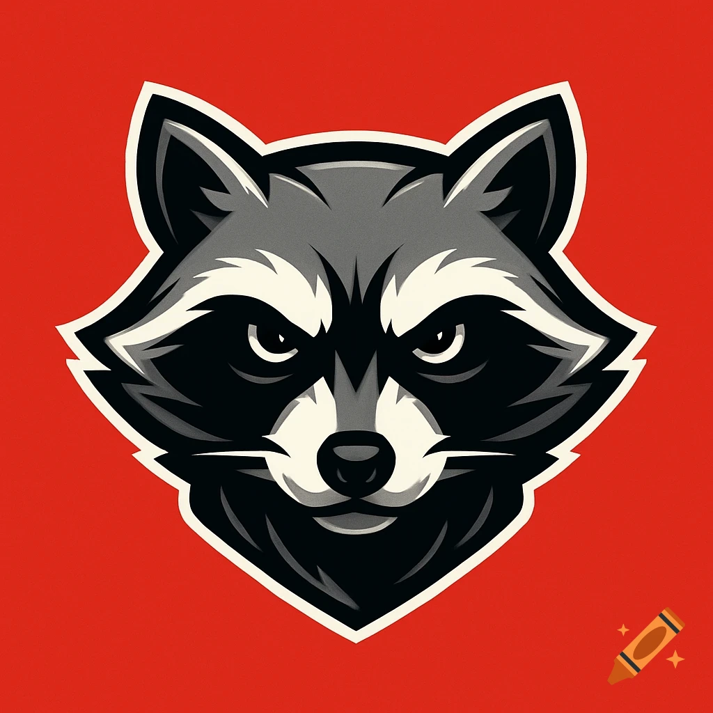 Stylized raccoon head logo with a determined expression on a red background.