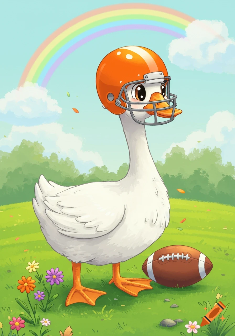 A cute cartoon goose wearing an orange football helmet stands in a green field next to a brown football, with a rainbow in the sky.