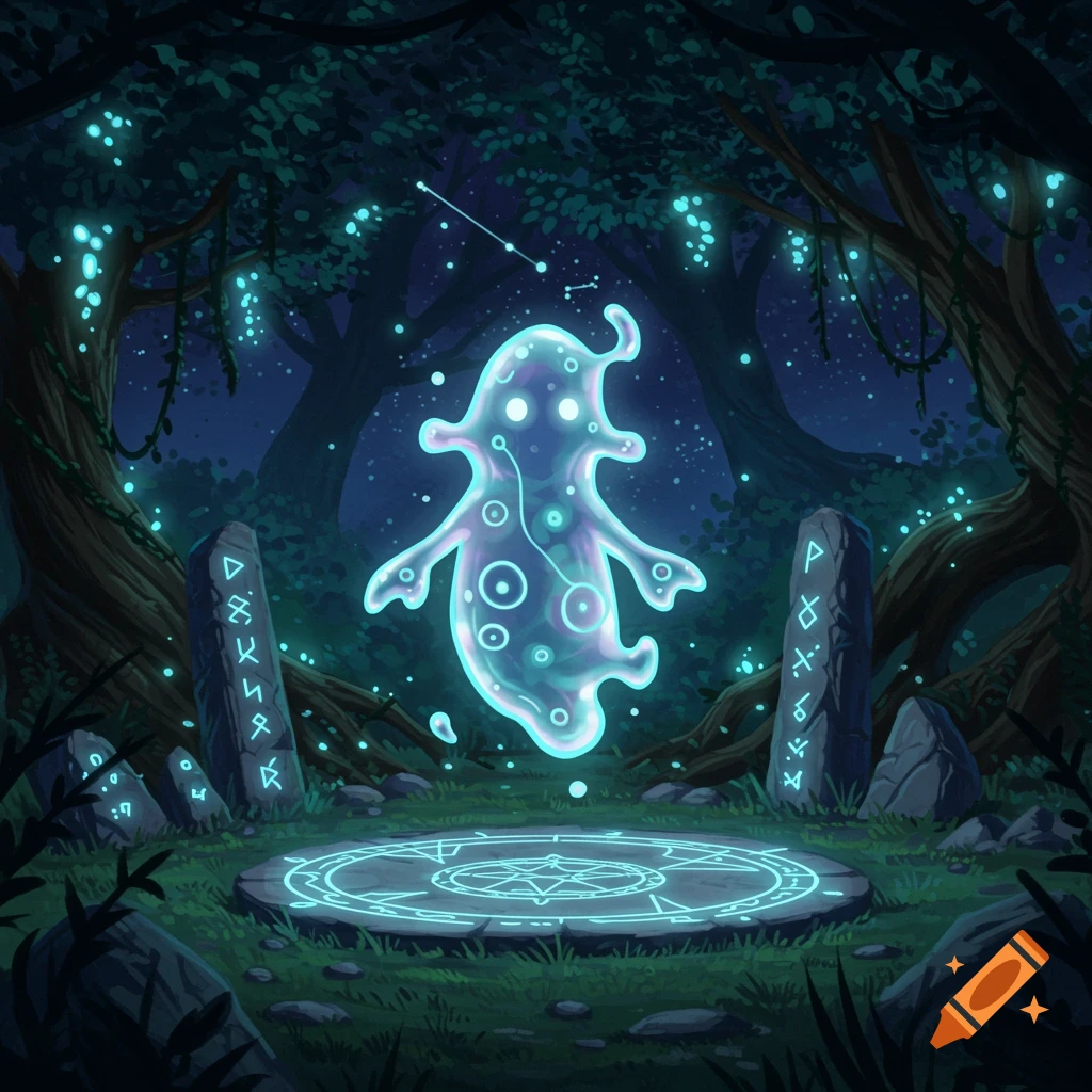 An anime-style glowing, translucent blue plasmoid floats over a magic circle in a dark, mystical forest with glowing runes on standing stones.